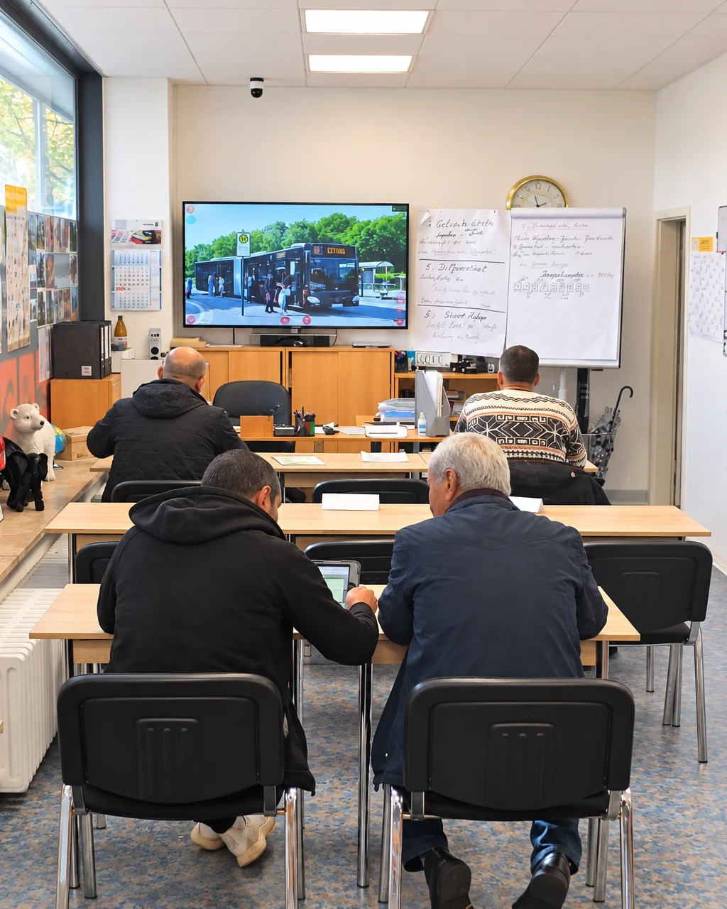 Teilnehmende des aktuellen Bus-Lehrgangs im Schulungsraum der Fahrschule Protect