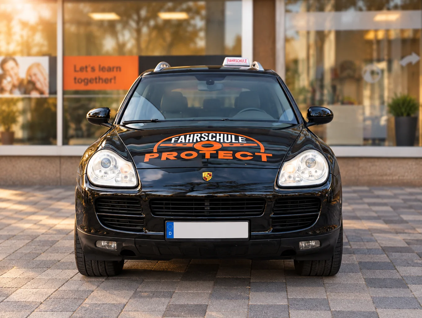 Fahrschulwagen Porsche Cayenne der Fahrschule Protect, Frontansicht