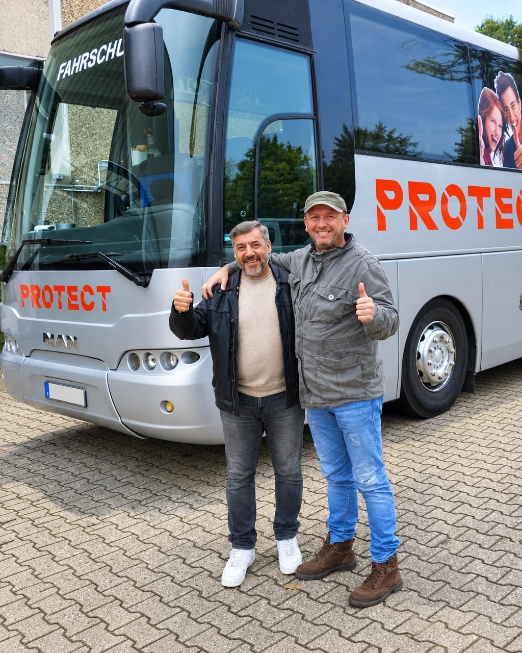 Team der Fahrschule Protect vor dem Fahrschulbus